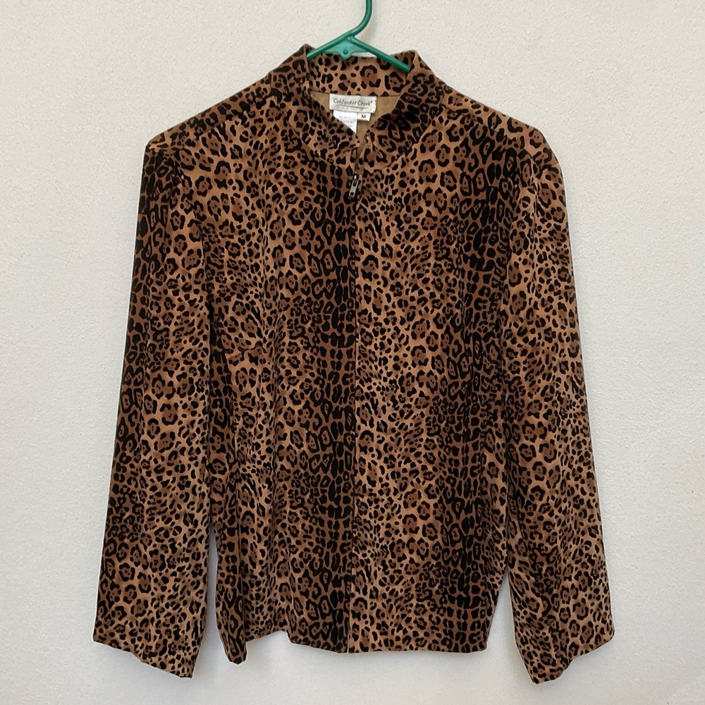 Coldwater Creek Brown, Tan Leopard Print Mock Neck Full Zip Jacket Size Medium
